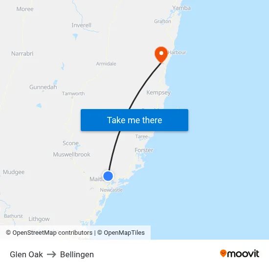 Glen Oak to Bellingen map