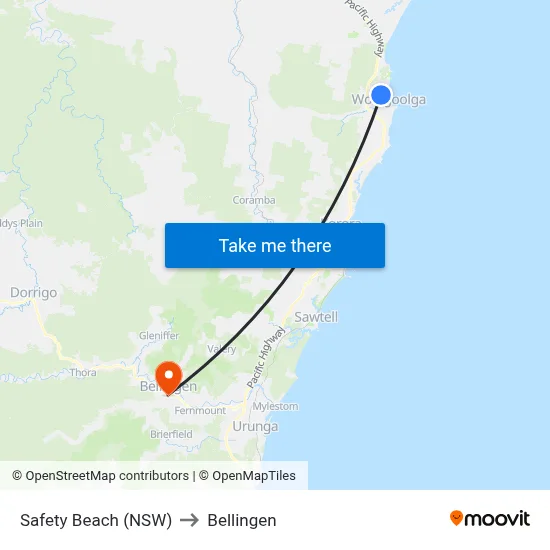 Safety Beach (NSW) to Bellingen map