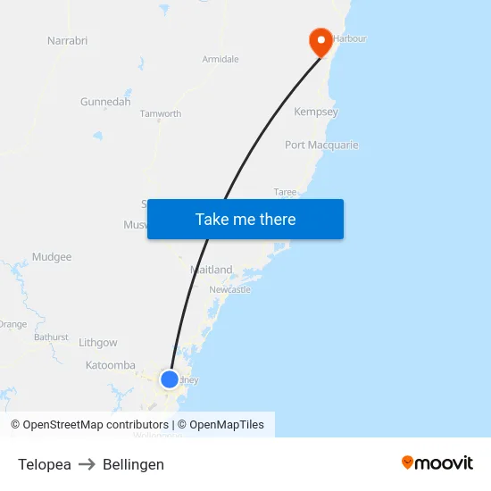 Telopea to Bellingen map