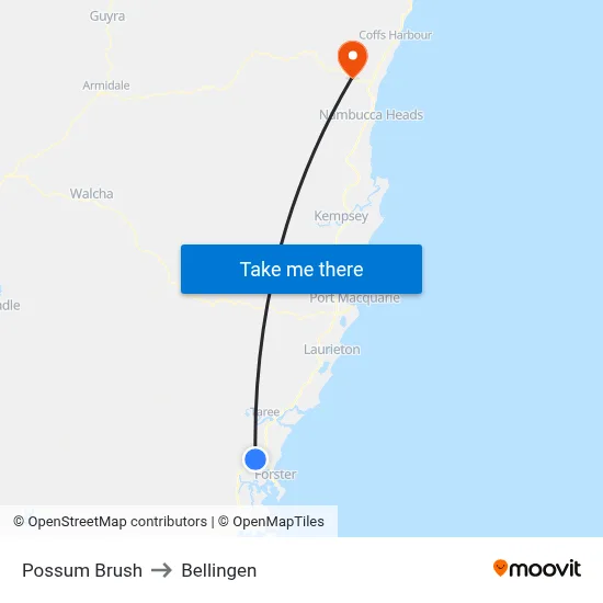 Possum Brush to Bellingen map