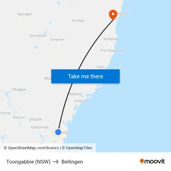 Toongabbie (NSW) to Bellingen map