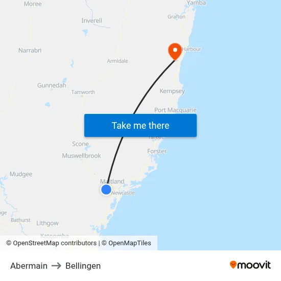 Abermain to Bellingen map