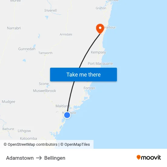 Adamstown to Bellingen map