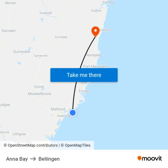 Anna Bay to Bellingen map