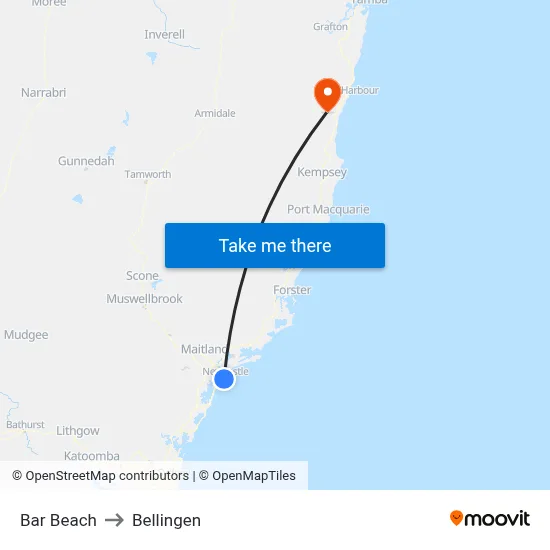 Bar Beach to Bellingen map