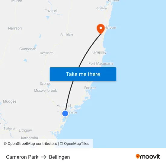 Cameron Park to Bellingen map