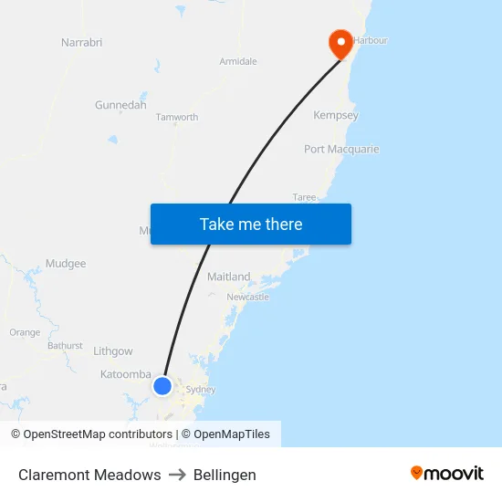Claremont Meadows to Bellingen map