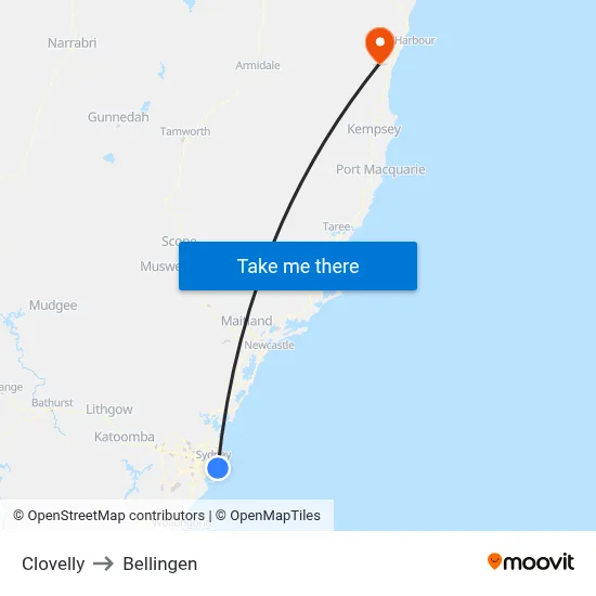 Clovelly to Bellingen map