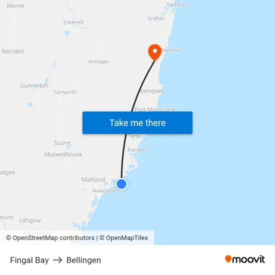 Fingal Bay to Bellingen map