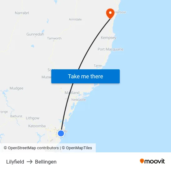 Lilyfield to Bellingen map