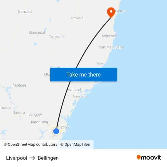 Liverpool to Bellingen map
