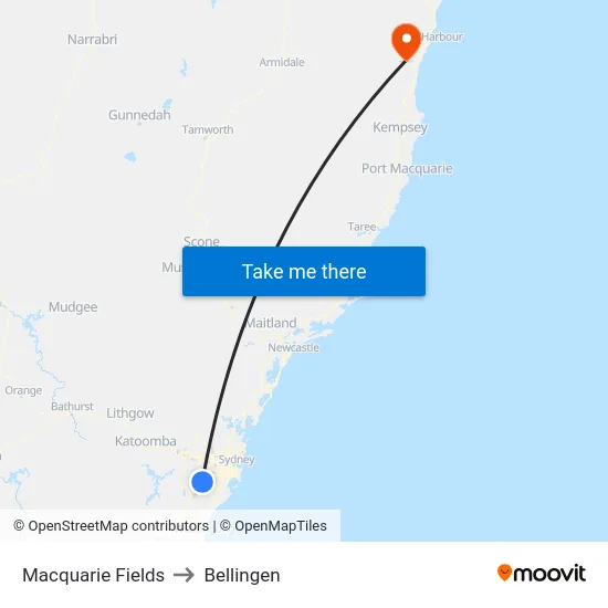 Macquarie Fields to Bellingen map