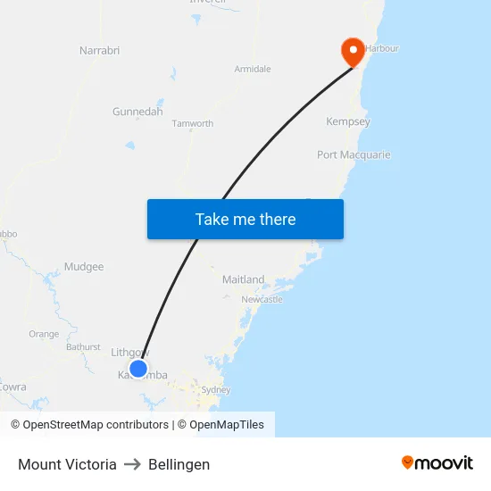 Mount Victoria to Bellingen map