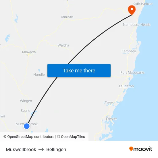 Muswellbrook to Bellingen map