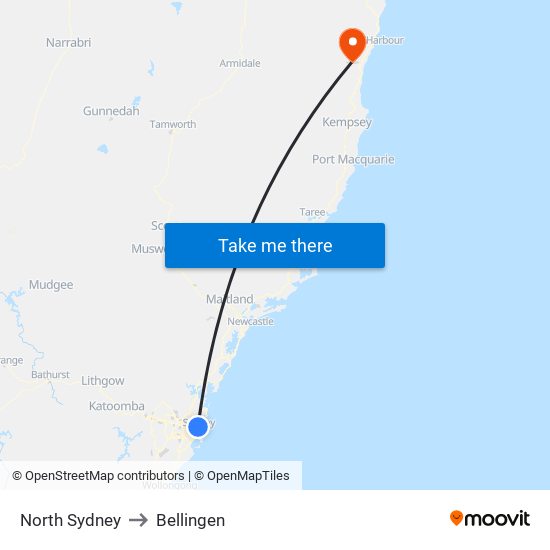 North Sydney to Bellingen map