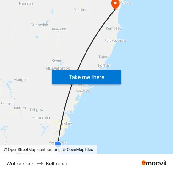 Wollongong to Bellingen map