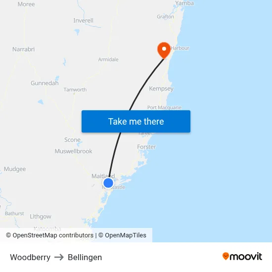 Woodberry to Bellingen map