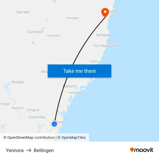 Yennora to Bellingen map