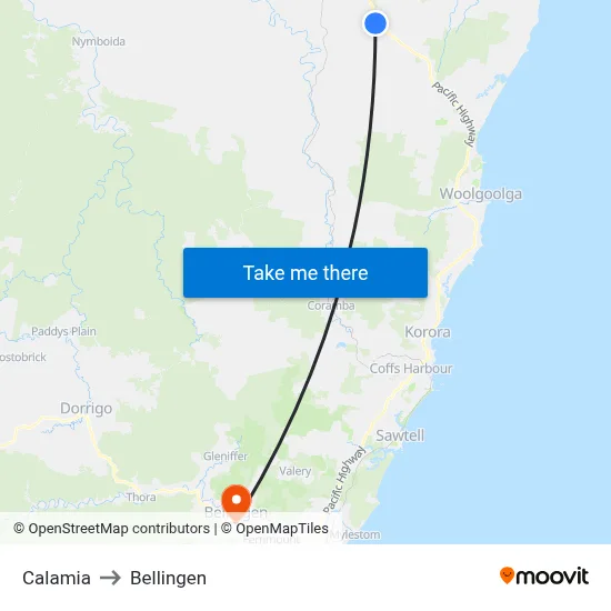 Calamia to Bellingen map