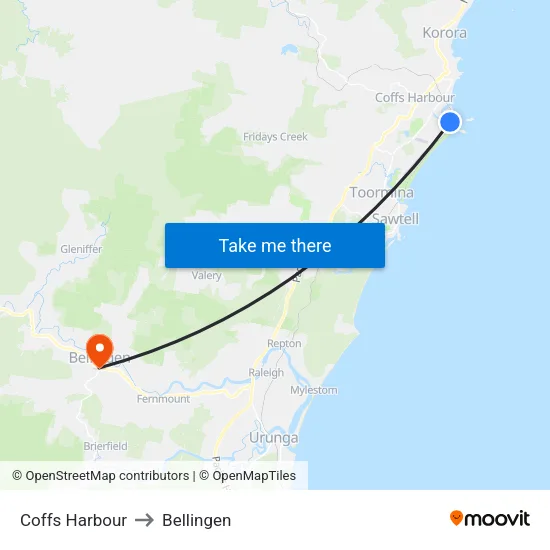 Coffs Harbour to Bellingen map