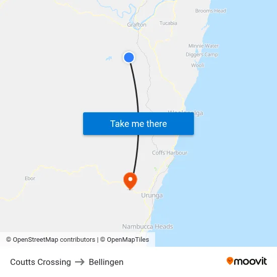 Coutts Crossing to Bellingen map