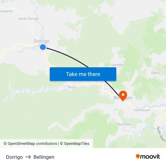 Dorrigo to Bellingen map