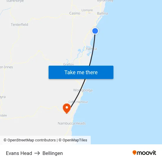 Evans Head to Bellingen map