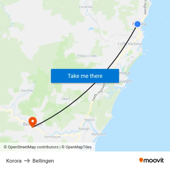 Korora to Bellingen map