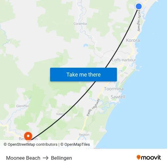 Moonee Beach to Bellingen map