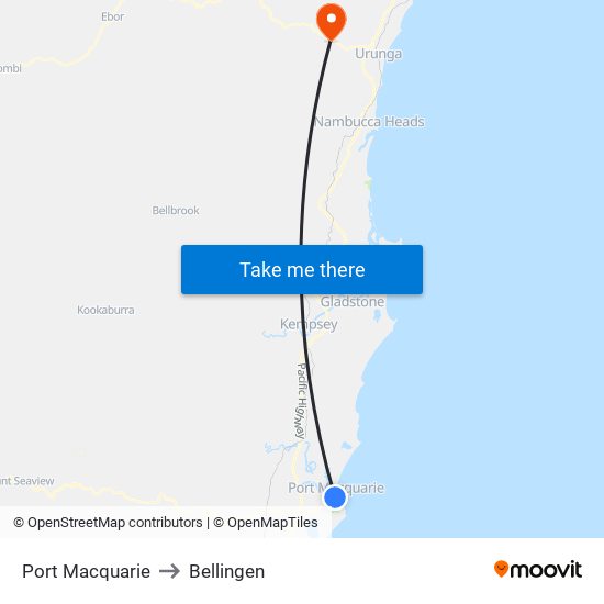 Port Macquarie to Bellingen map