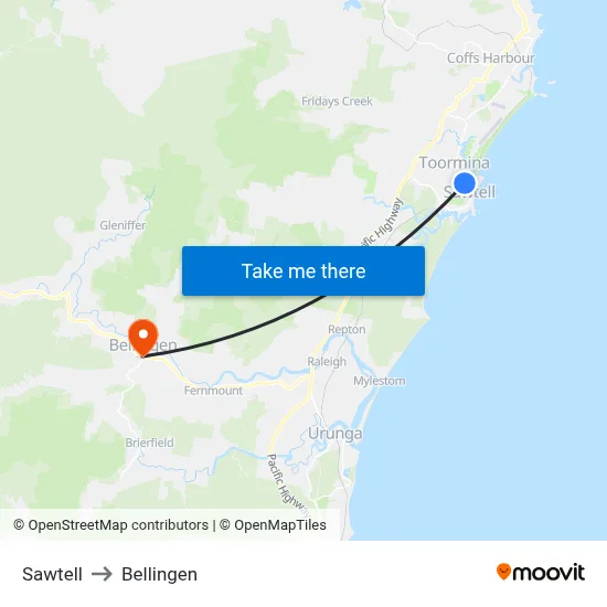 Sawtell to Bellingen map