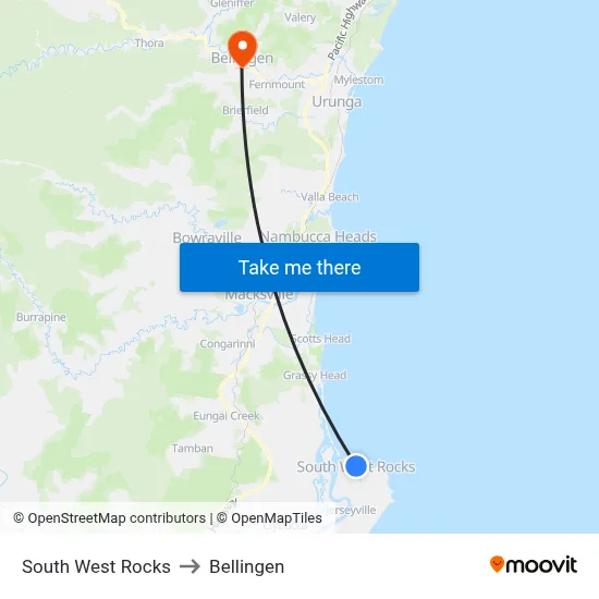 South West Rocks to Bellingen map