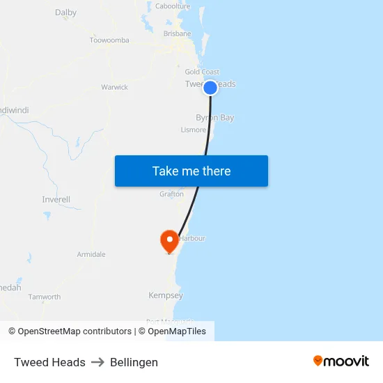 Tweed Heads to Bellingen map