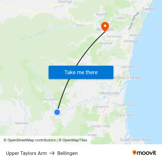 Upper Taylors Arm to Bellingen map