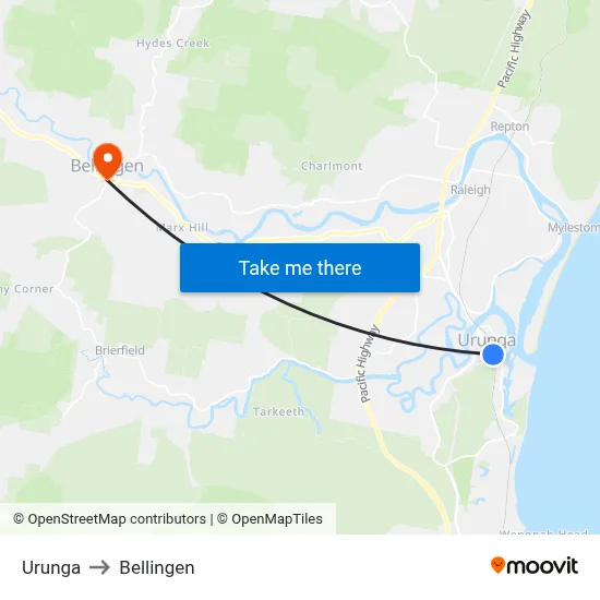 Urunga to Bellingen map