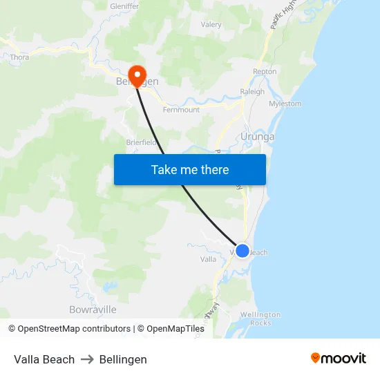 Valla Beach to Bellingen map