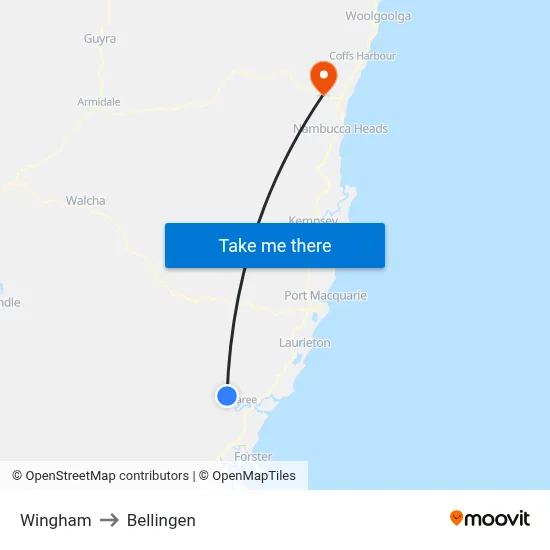 Wingham to Bellingen map