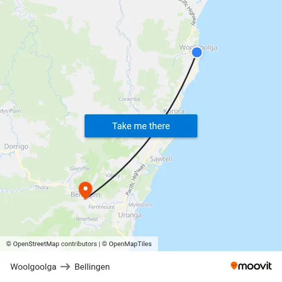 Woolgoolga to Bellingen map