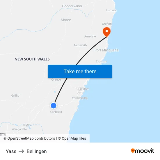 Yass to Bellingen map
