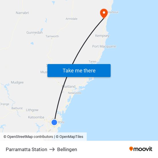 Parramatta Station to Bellingen map