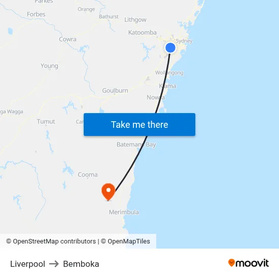 Liverpool to Bemboka map