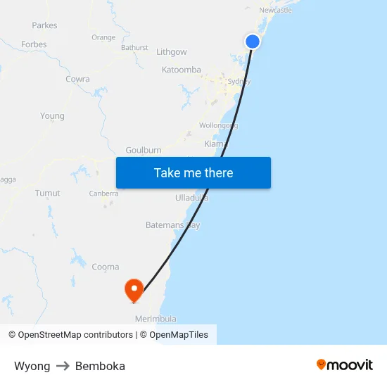Wyong to Bemboka map