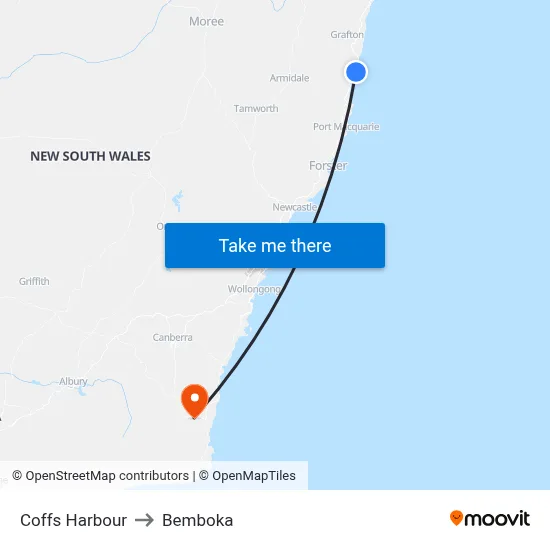 Coffs Harbour to Bemboka map