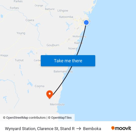 Wynyard Station, Clarence St, Stand R to Bemboka map