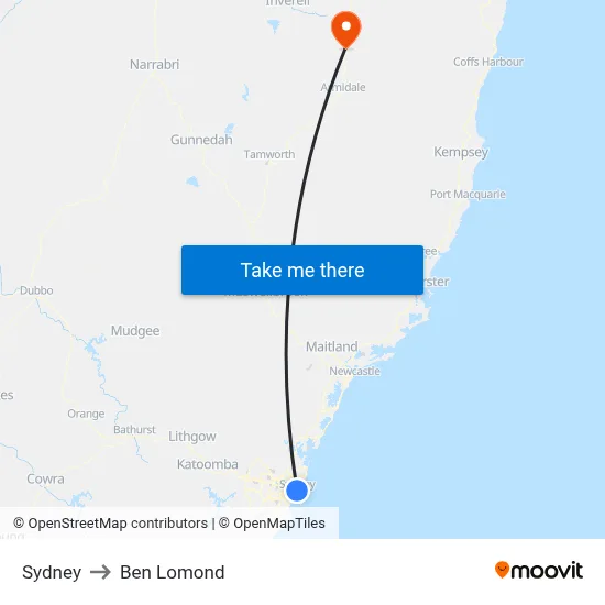 Sydney to Ben Lomond map