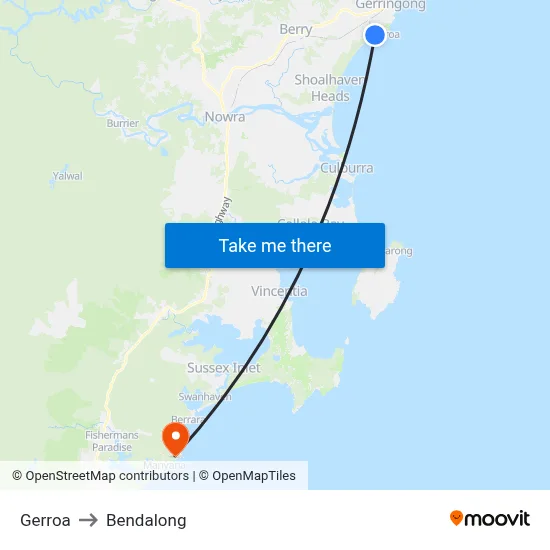 Gerroa to Bendalong map