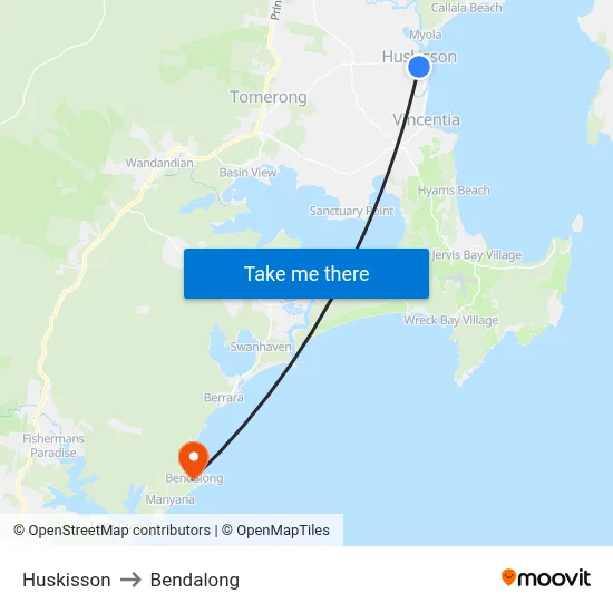 Huskisson to Bendalong map