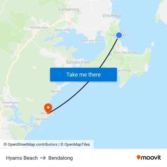 Hyams Beach to Bendalong map