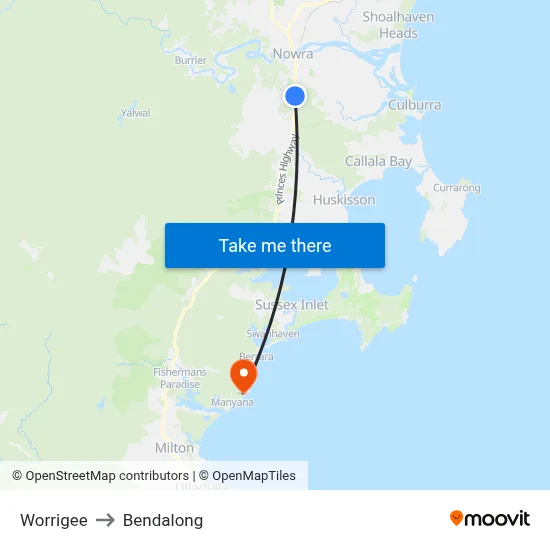 Worrigee to Bendalong map