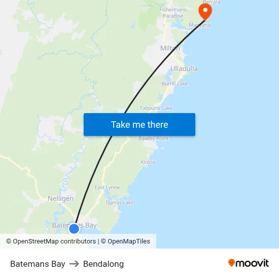 Batemans Bay to Bendalong map